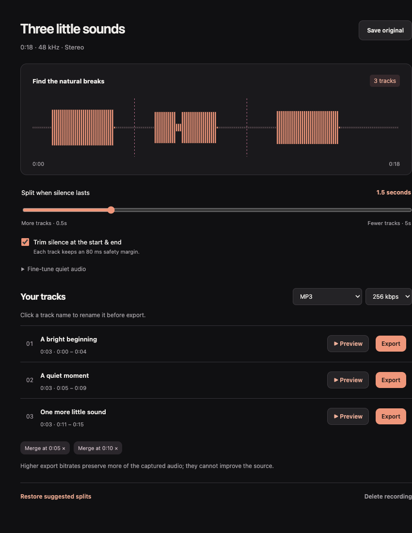 Real Tabtone studio with a waveform, silence controls and three individually named tracks
